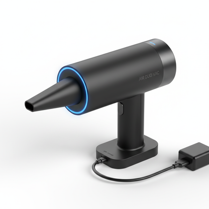Wireless 2-in-1 air duster vacuum cleaner being charged via USB