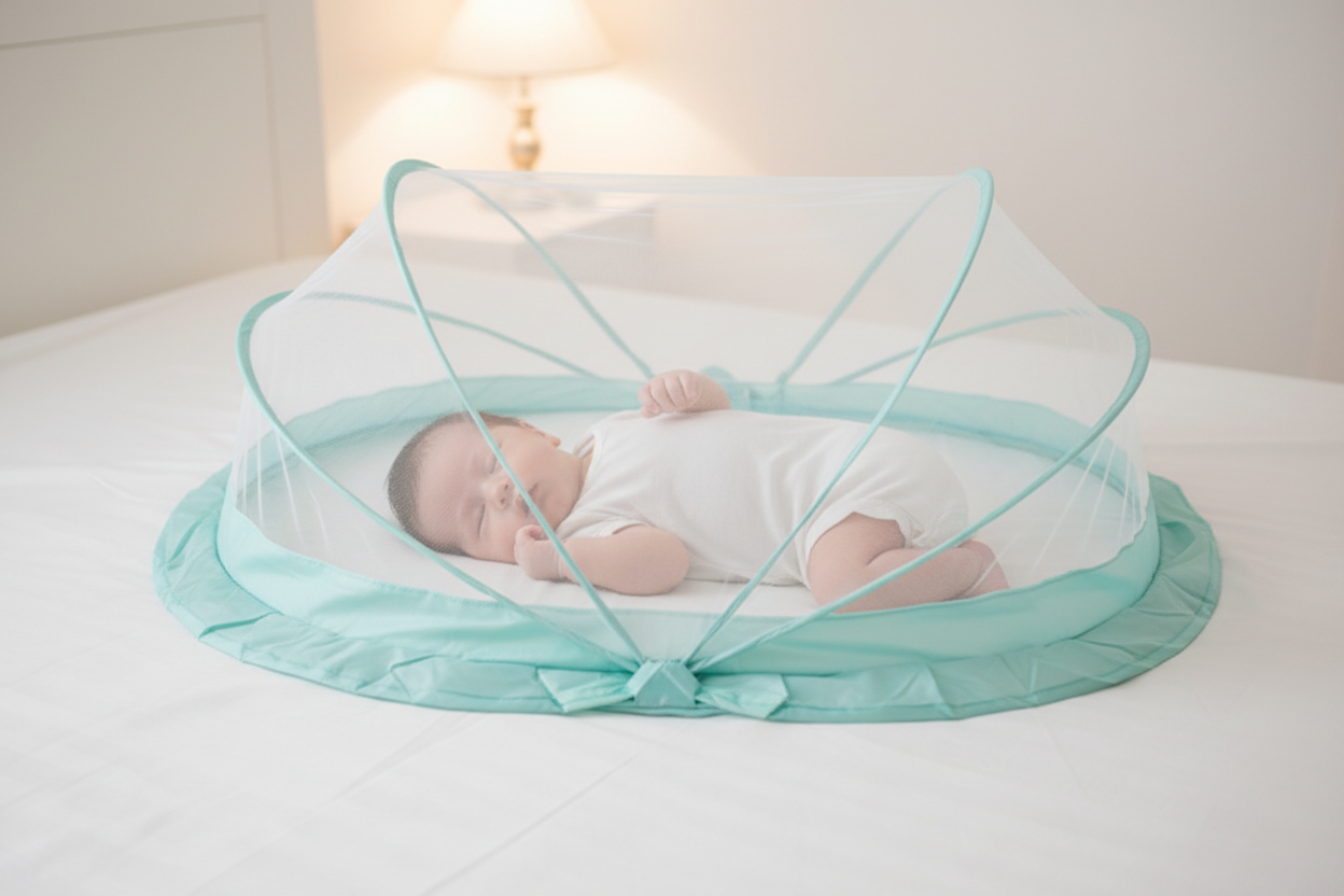 Peaceful sleeping newborn baby inside mint green foldable mosquito net