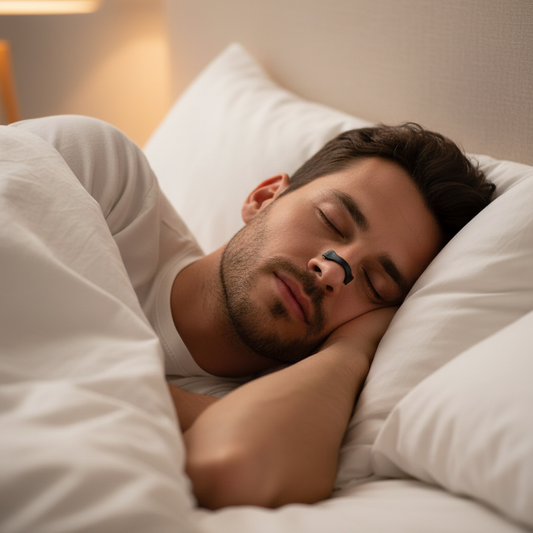 Man peacefully sleeping wearing anti-snoring nasal clip