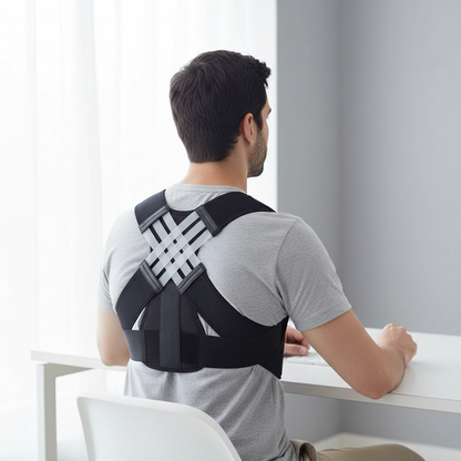 Person wearing posture corrector at desk with natural light