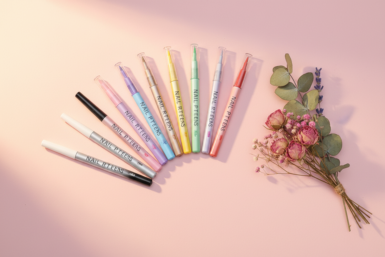 Nail art pens on pink pastel background with dried flowers