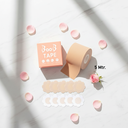 Boob Tape with Nipple Covers – marble flat lay with rose petals