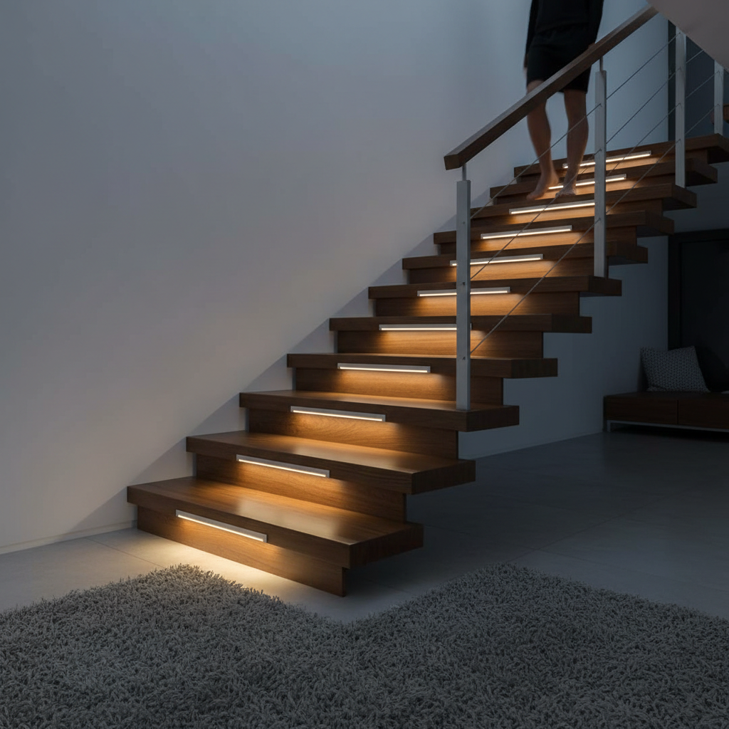 LED motion sensor light on staircase at night
