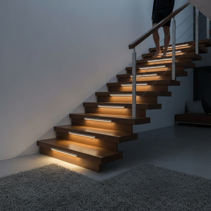 LED motion sensor light on staircase at night