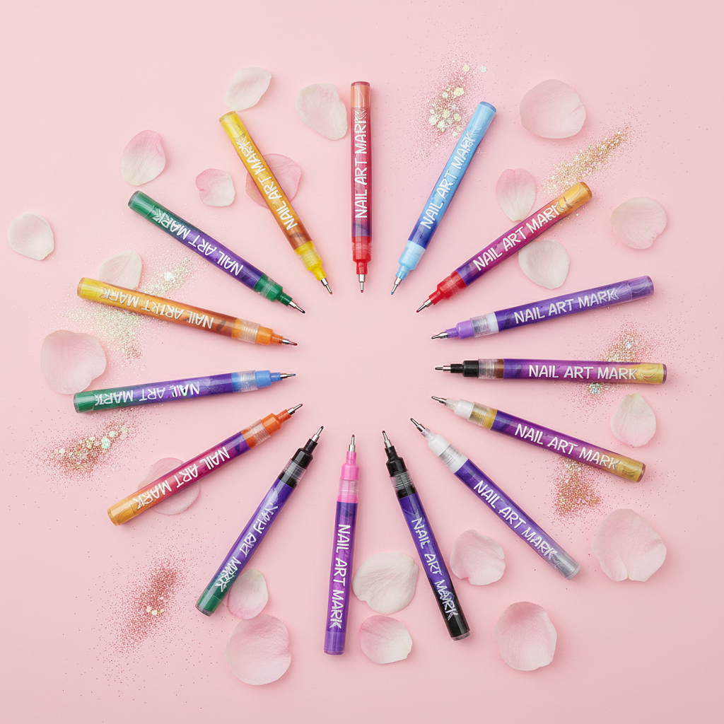 Colorful Nail Art Markers – pastel pink flat lay